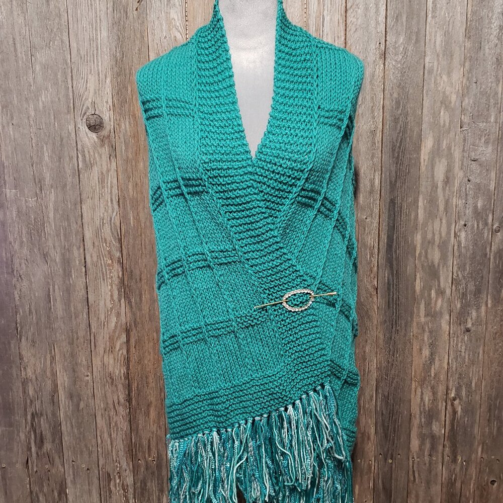 NEW Jade Green Shawl Scarf‎ Wrap Boho Fringed Handmade Hand Knit Knitted Fringe